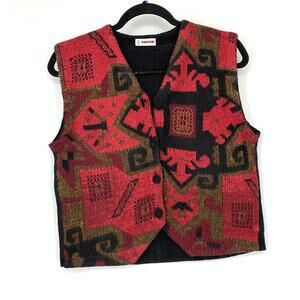 Vintage Rodier Colorful Woven Vest Womens Apx Sz M/L Red Black Button Front